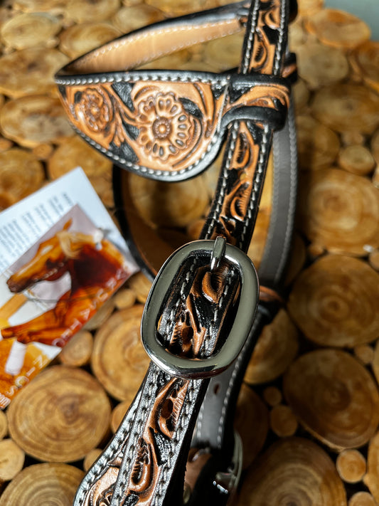 Têtière à double oreille en cuir – Finition roux antique et noir