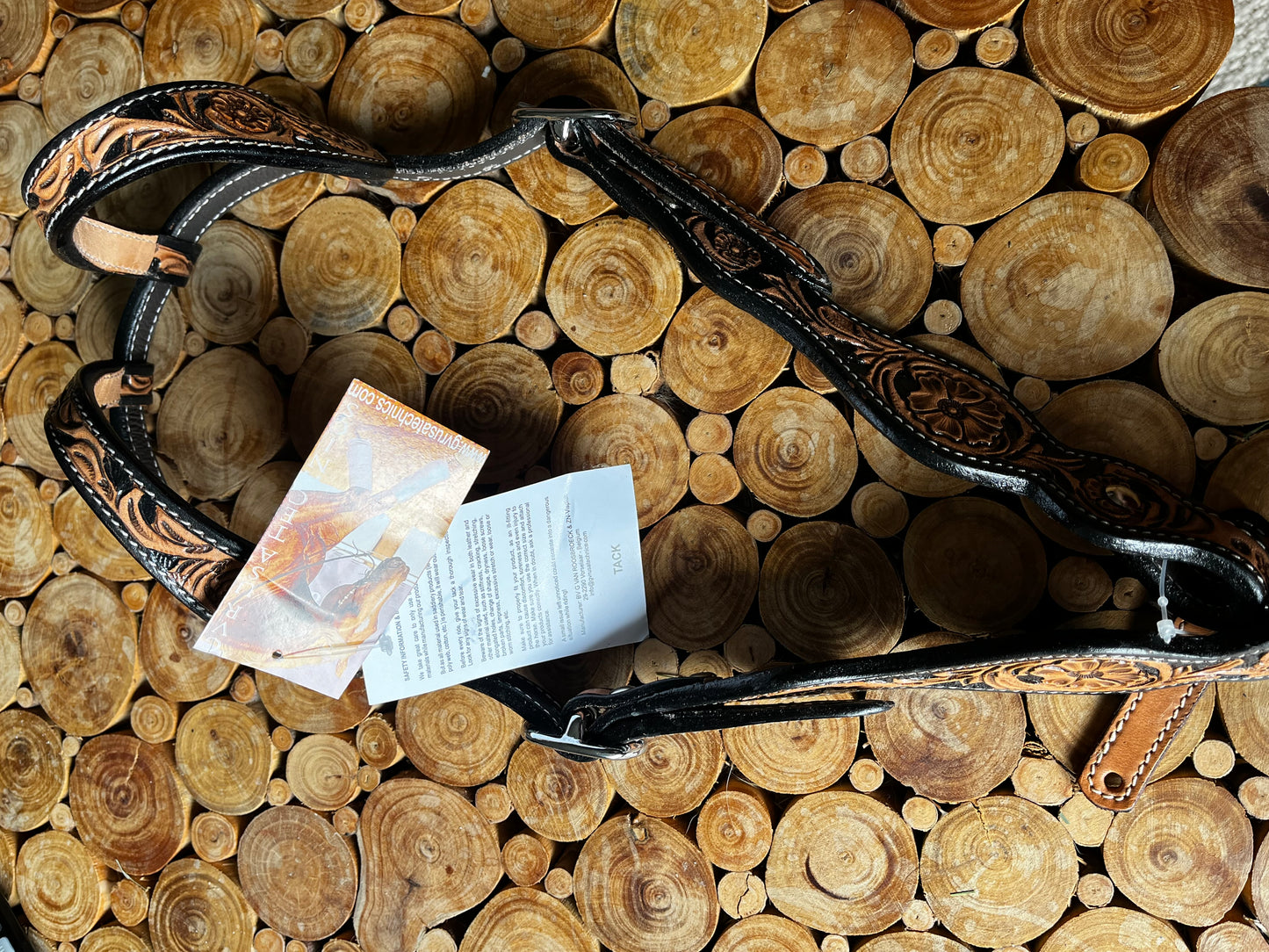 Têtière à double oreille en cuir – Finition roux antique et noir