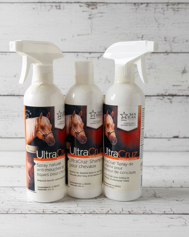 Pack grooming UltraCruz pour chevaux : shampoing, démêlant et spray polish, hydrate, démêle et parfait pour les shows