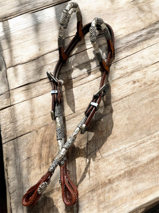 Bride de show western premium hybride – perles argentées & rawhide, 2 oreilles