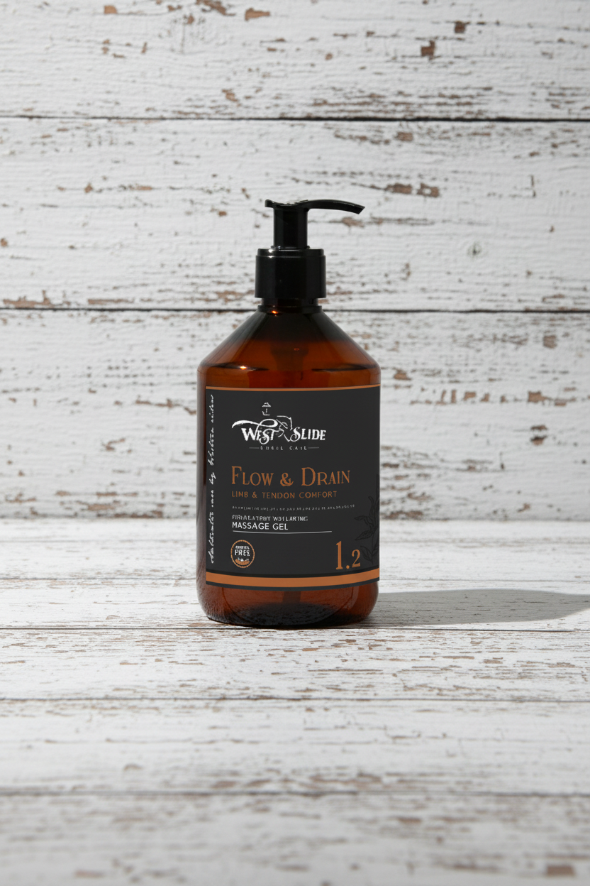 flacon de 500ml de flow and drain par west slide horse care pour e soin des tendons des chevaux