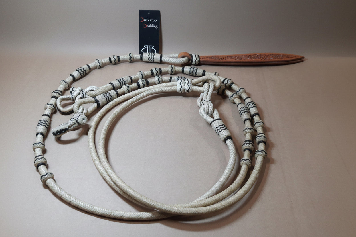 Rênes Romal entières en rawhide naturel et noir – BBR074 – Style Oklahoma tressé