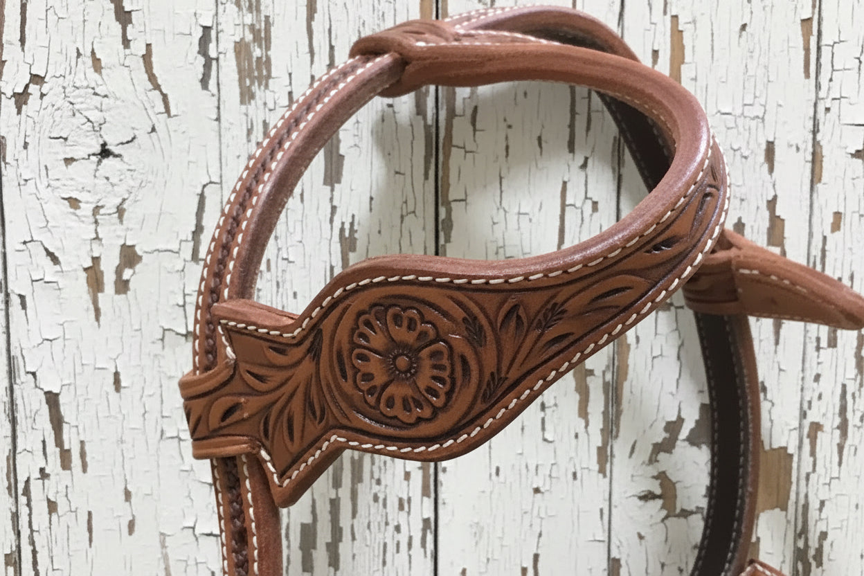 Passant d’Oreille Western en Cuir Tooling Floral – Élégance, Finition Show