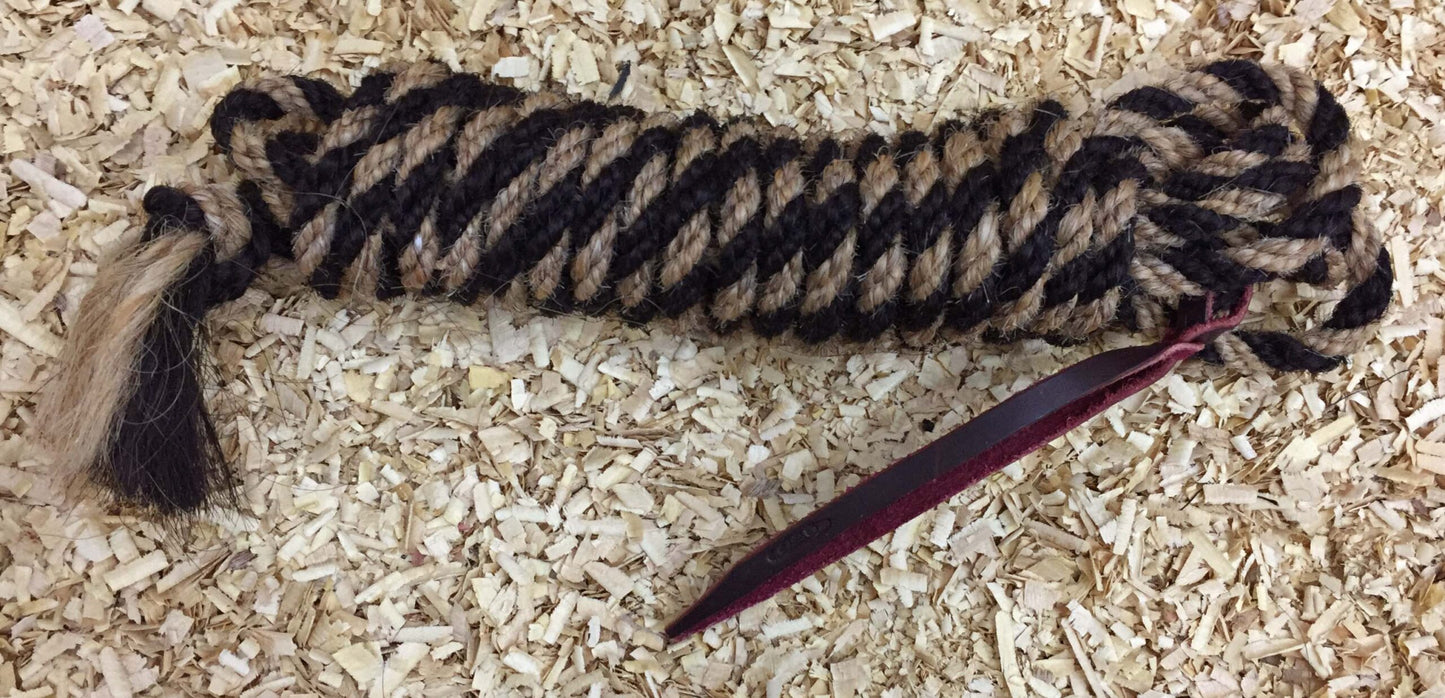 Mecate en crin de cheval avec popper en cuir – 6,7 m – Couleur beige/noir mélangé