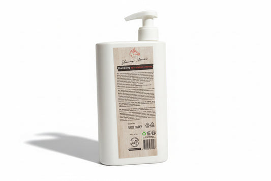 shampoing au monoï de la marque horshair, parfait pour une hydratation intense arrière du flaçon