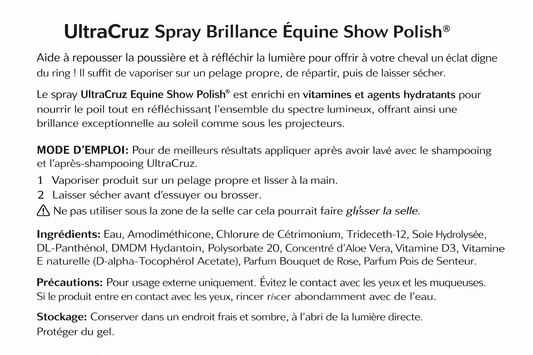 Spray UltraCruz Polish pour chevaux, revitalisant et brillant, avec composition détaillée, idéal pour concours et shows western