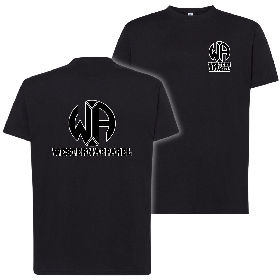 T-Shirt enfant noir Western Apparel avec logo poitrine côté cœur et grand logo noir et blanc Western Apparel dans le dos