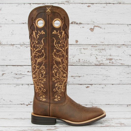 Profil bottes cowboy femme Twisted X Buckaroo Flower cuir marron broderie florale