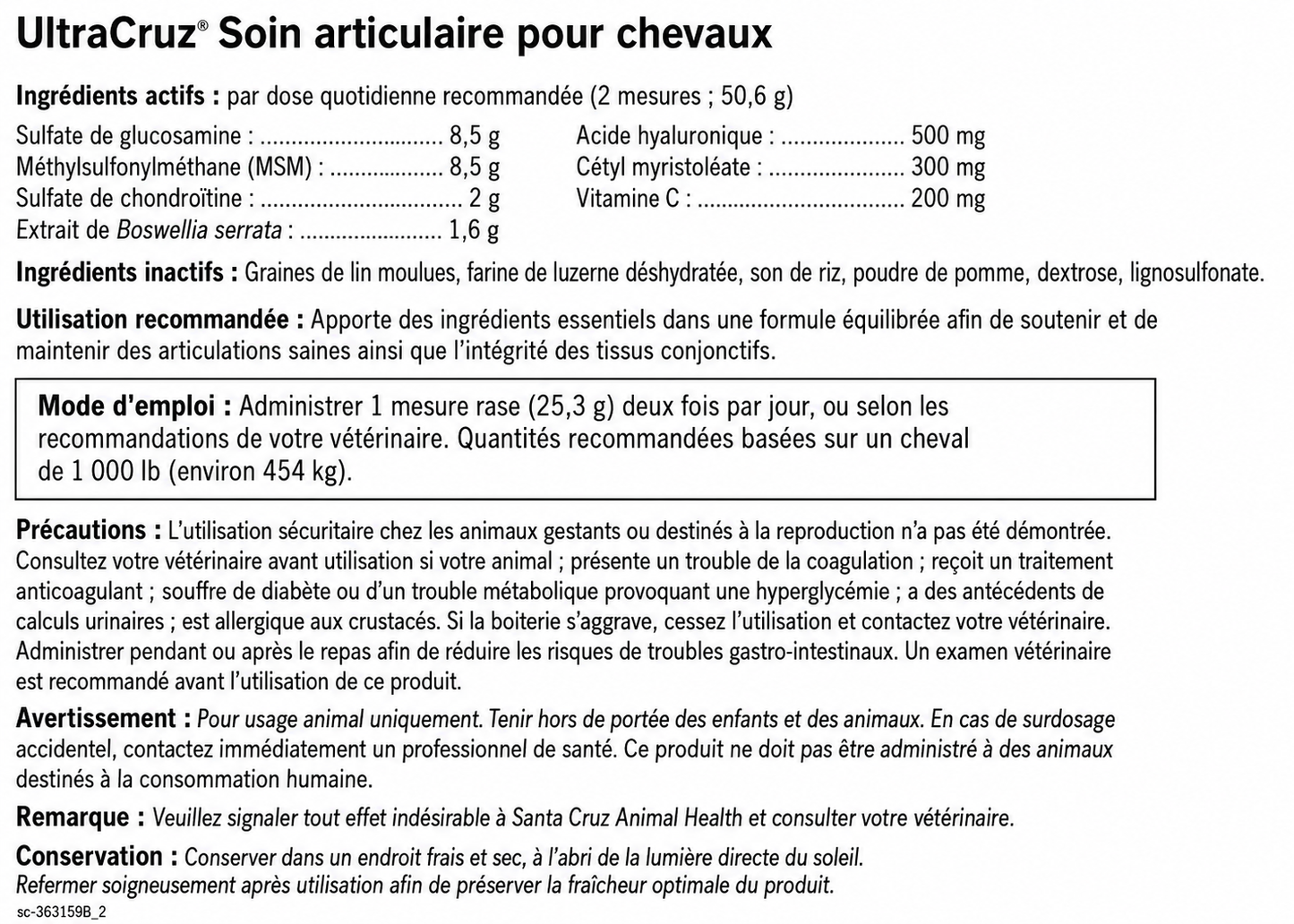 ingrédients du supplément articulaire pour chevaux riche en acide hyaluronique et chrondoitine