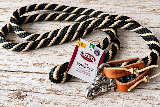Rênes Western Weaver Equine Poly Roper Reins avec mousquetons Scissor Snap et cuir harness russet noir et doré