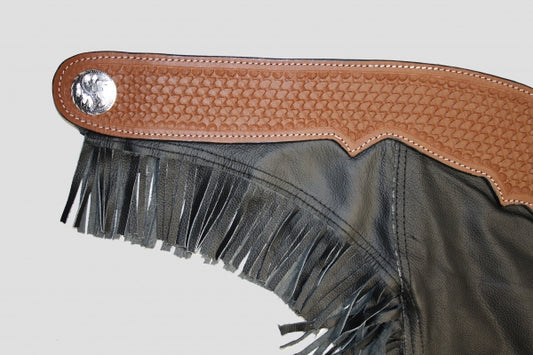 Chaps en cuir lisse noir premium avec bordure lisse cognac