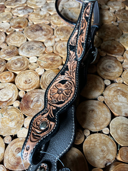 Têtière à double oreille en cuir – Finition roux antique et noir