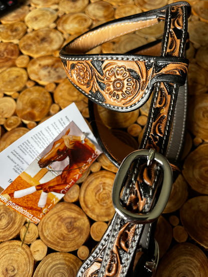 Têtière à double oreille en cuir – Finition roux antique et noir