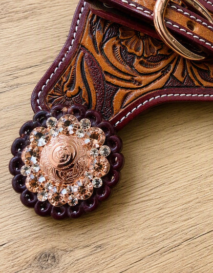 Lanières d'Éperons Western en Cuir – Flower Tooling & Conchos Rose Gold Peach