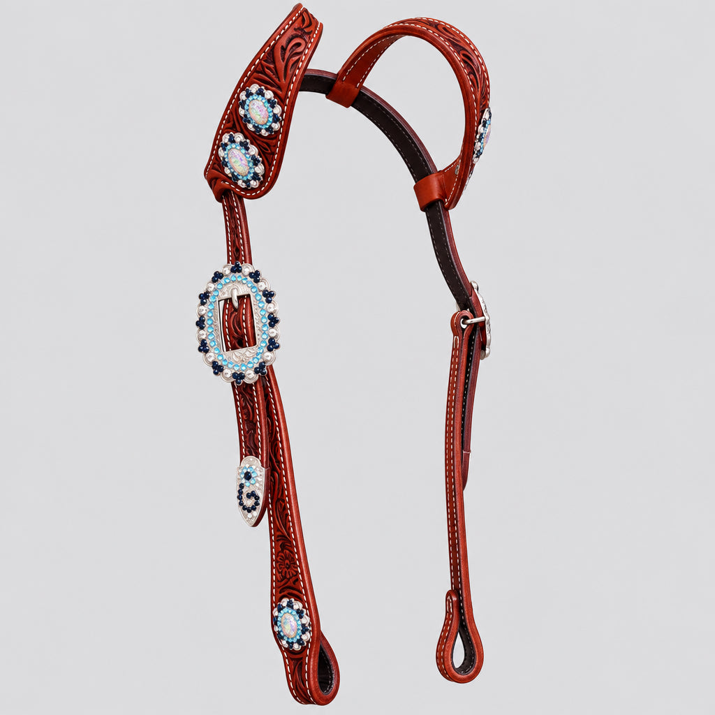 Bridon western de show double oreille en cuir bicolore avec floral tooling et conchos, bride entière 