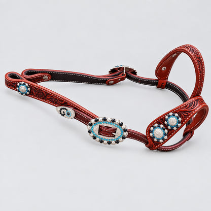 Bridon western de show double oreille en cuir bicolore avec floral tooling et conchos