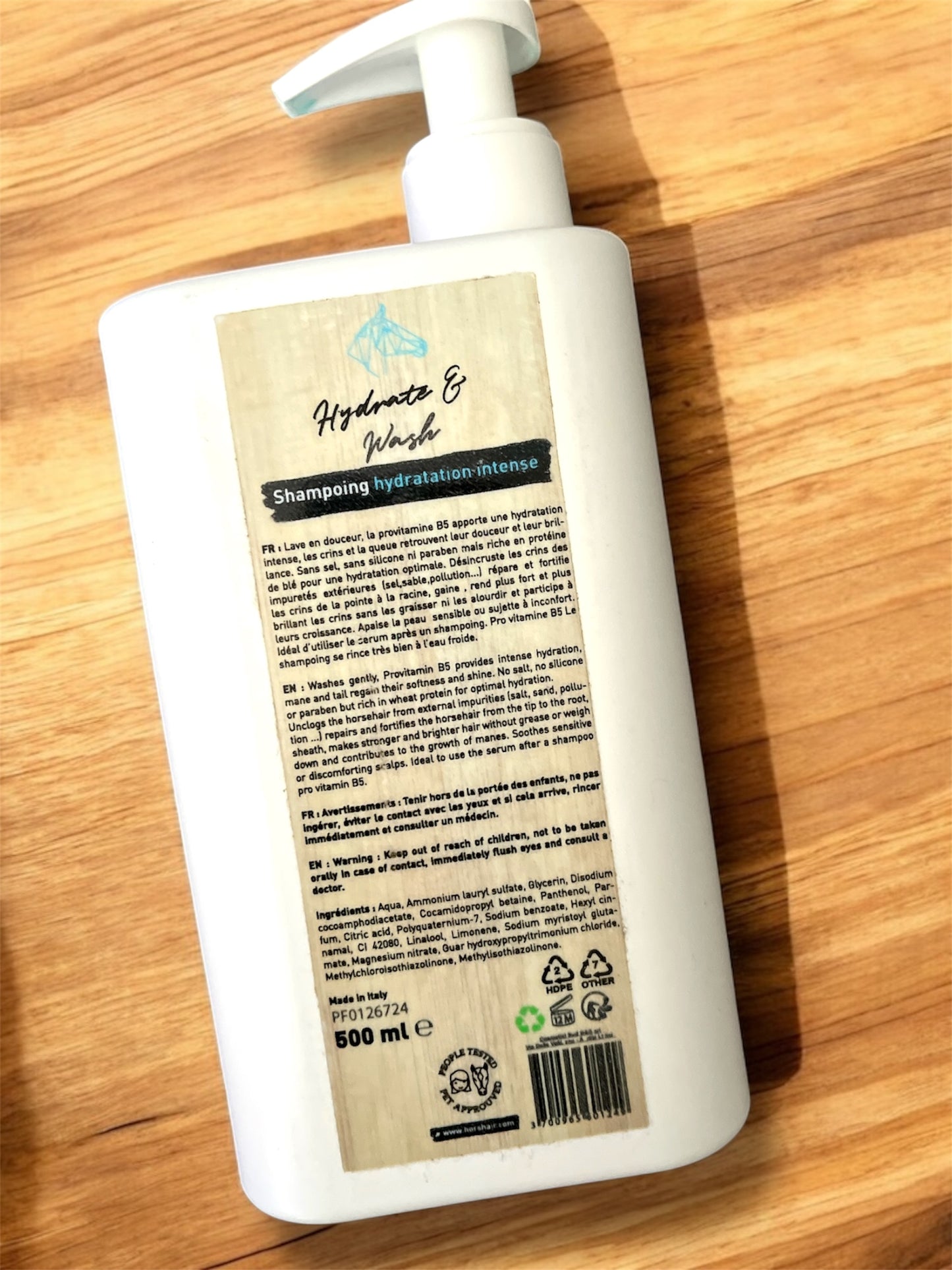 HORSHAIR Shampoing Hydratant Cheval – Sans Sel, Silicone ni Paraben – Crins Doux & Brillants, arrière du flacon