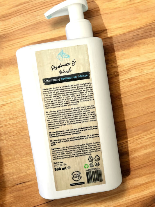 HORSHAIR Shampoing Hydratant Cheval – Sans Sel, Silicone ni Paraben – Crins Doux & Brillants, arrière du flacon