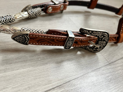 Bride de show western premium hybride – perles argentées & rawhide, 2 oreilles