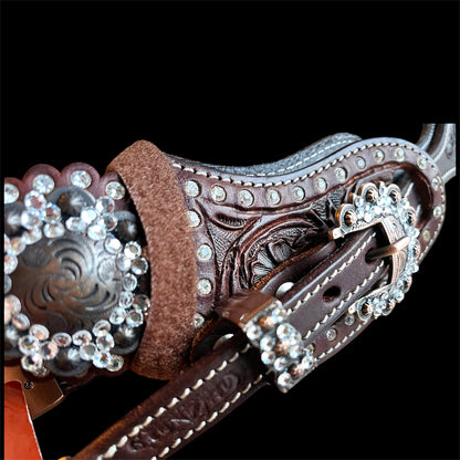 lanieres d'eperons femmes / enfant de show avec conchos , tooling floral et boucles antiques a strass blancs