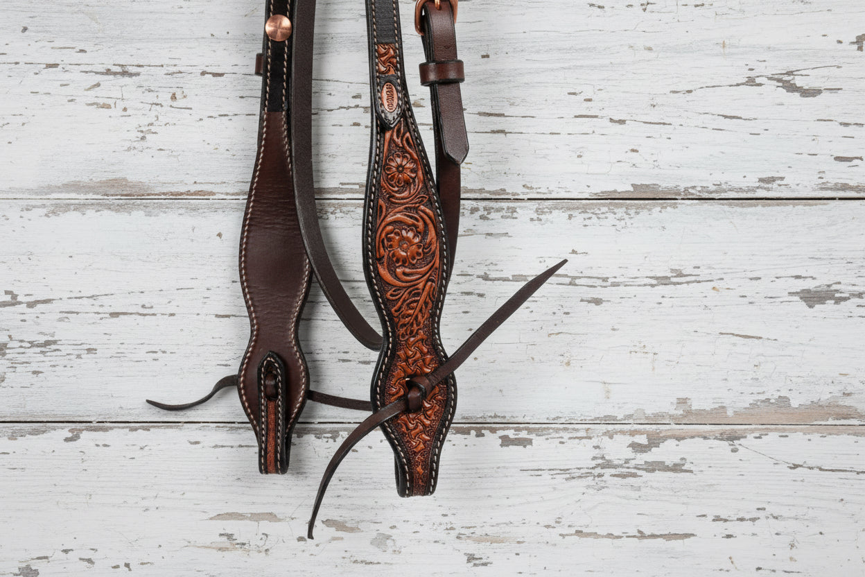 Bride western cuir travaillé motif floral Pool’s
