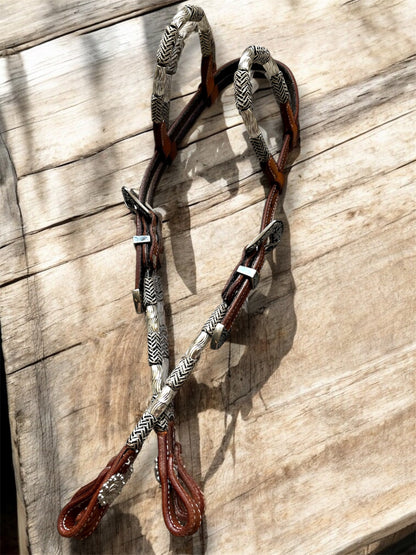 Bride de show western premium hybride – perles argentées & rawhide, 2 oreilles