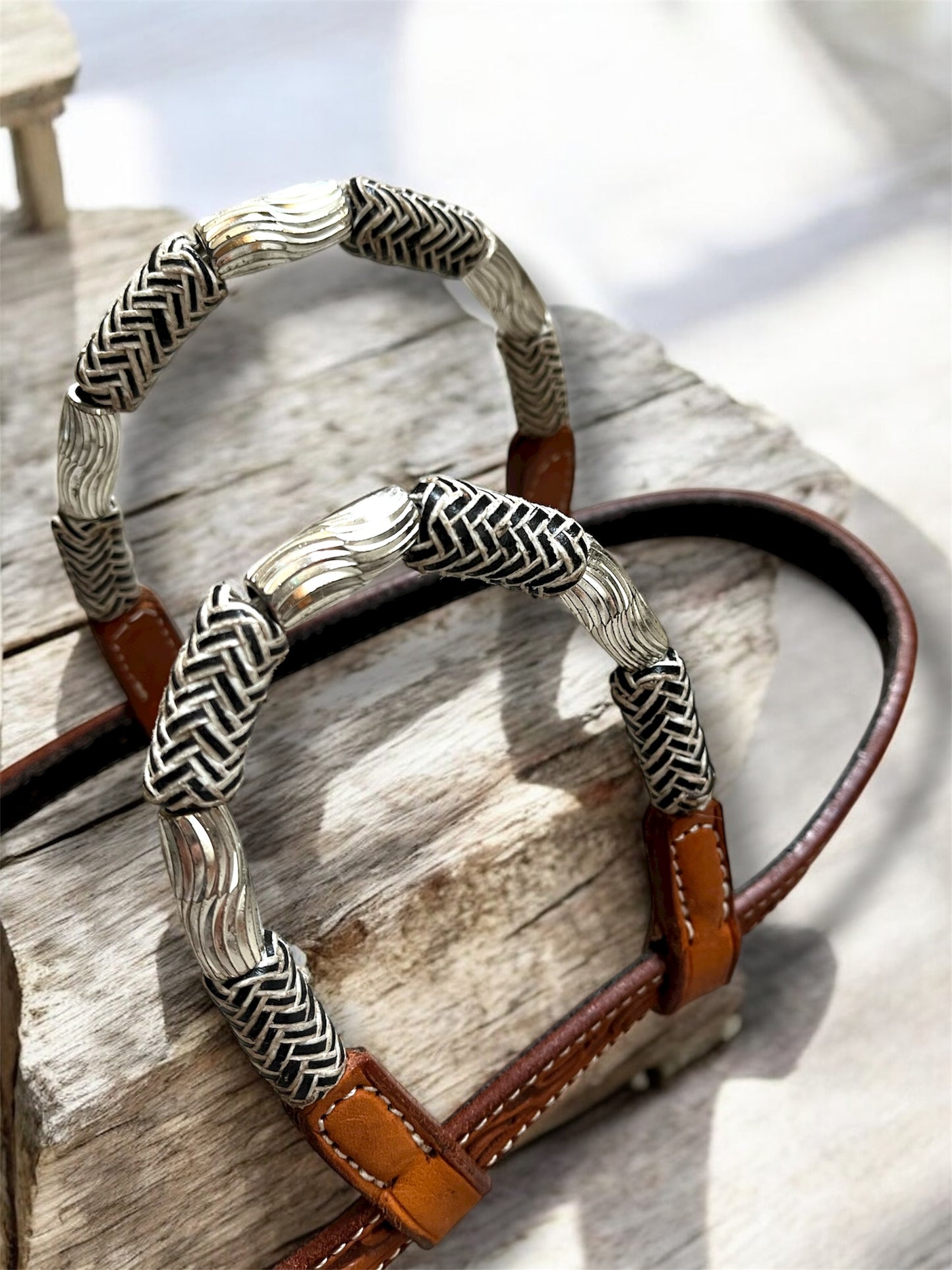 Bride de show western premium hybride – perles argentées & rawhide, 2 oreilles