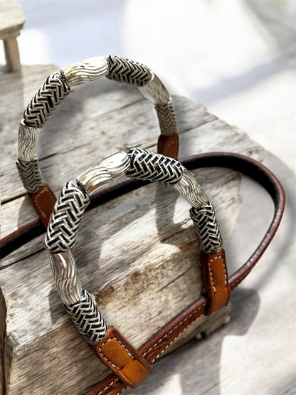 Bride de show western premium hybride – perles argentées & rawhide, 2 oreilles