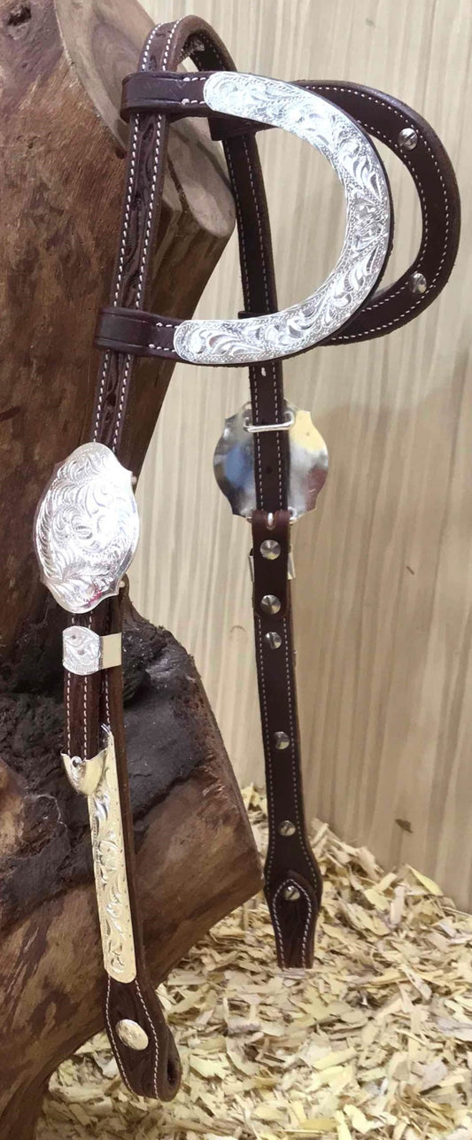 Bride western double oreille (Double Ear Headstall) – Cuir premium, argent, tooling feuillage