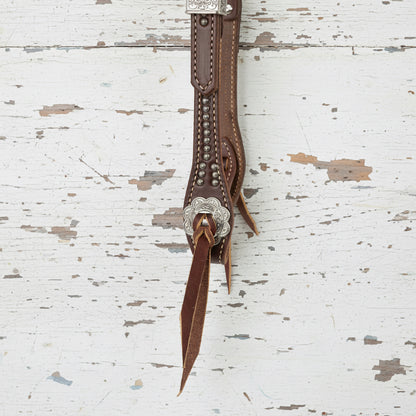 Bride western Weaver Equine Stockman Sliding Ear en cuir Weaver Leather Canyon Rose avec boucle Jeremiah Watt et attaches Blood Knot, zoom sur le passant d'oreille, zoom attache