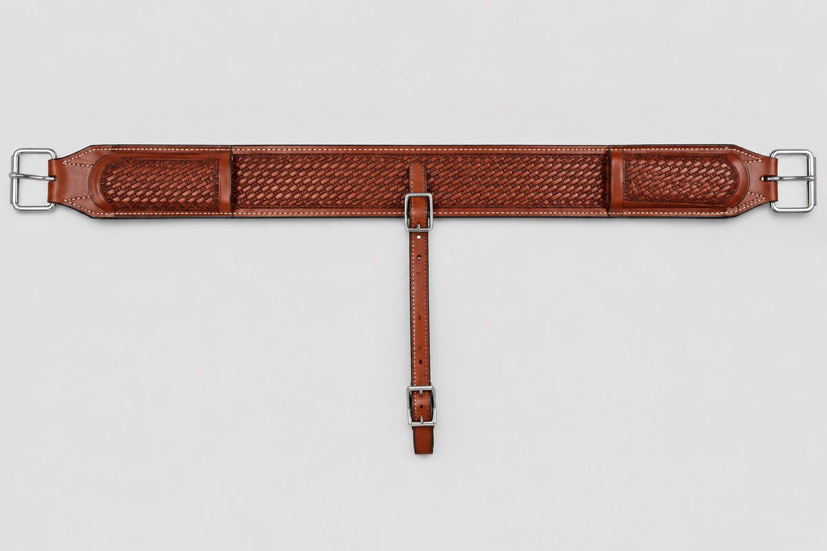 Back Cinch Western couleur Chestnut pour selle western avec gravure Basket Tooled