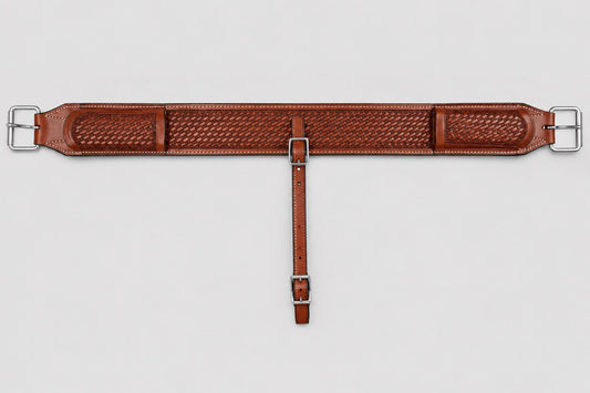Back Cinch Western couleur Chestnut pour selle western avec gravure Basket Tooled