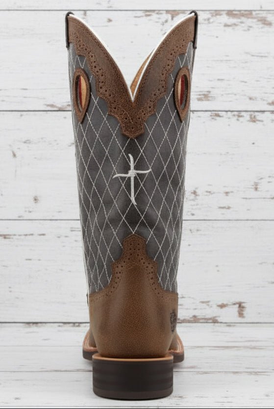 Bottes western homme Twisted X Ruff Stock Square Toe en cuir gris-bleu et pied marron, semelle Super Slab, idéales pour équitation western, ranch et loisirs