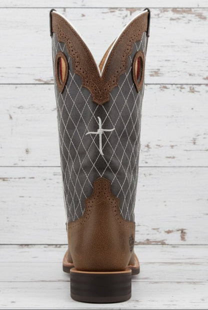 Bottes western homme Twisted X Ruff Stock Square Toe en cuir gris-bleu et pied marron, semelle Super Slab, idéales pour équitation western, ranch et loisirs