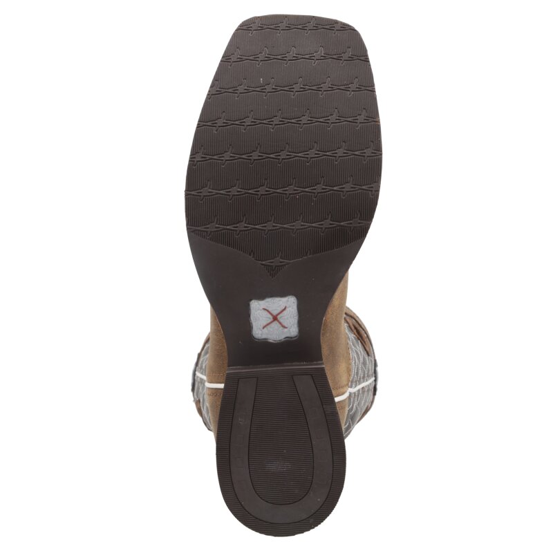 Bottes western homme Twisted X Ruff Stock Square Toe en cuir gris-bleu et pied marron, semelle Super Slab, idéales pour équitation western, ranch et loisirs, semelle 