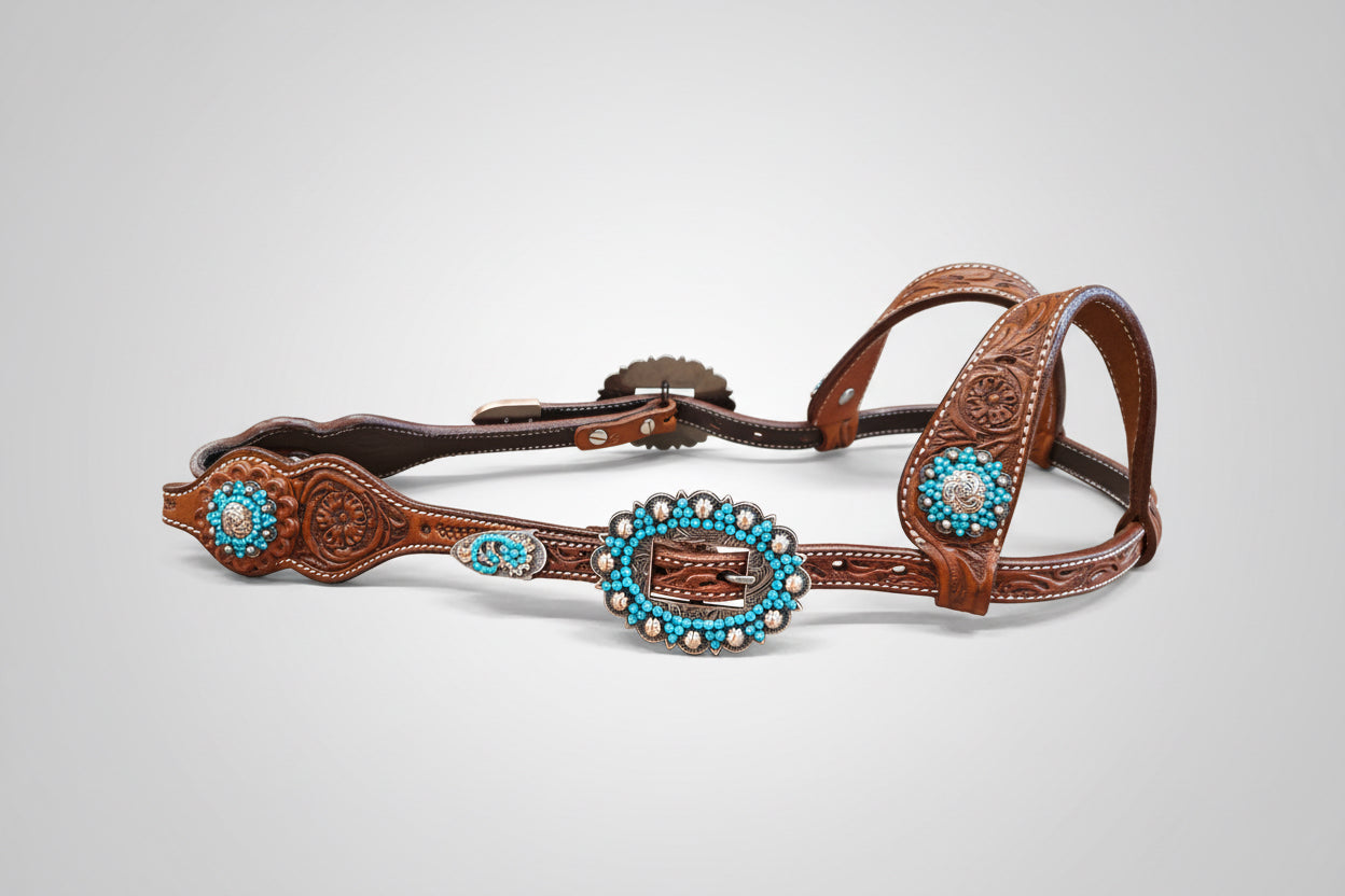 Bride western double oreille en cuir floral avec finition antique et conchos Copper Turquoise