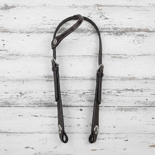 Bride western à une oreille en cuir avec motif Basket Tooling et conchos décoratifs pour cheval