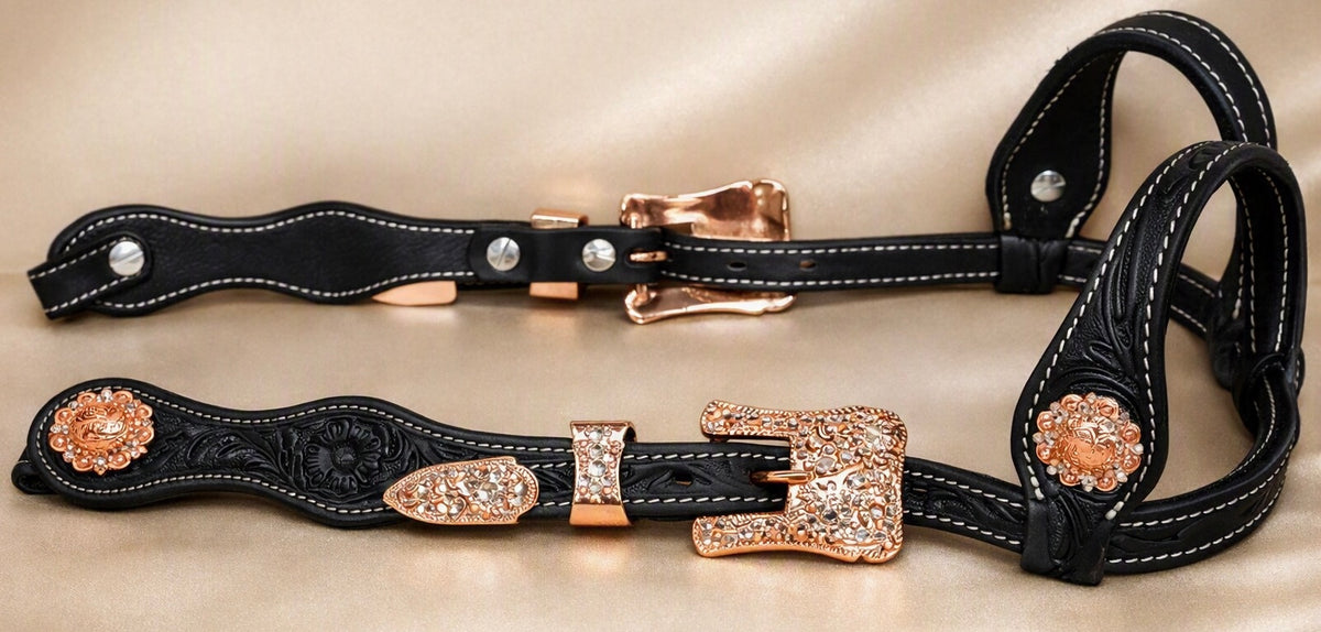 Bride western double oreille en cuir Rose Gold avecw strass Peach