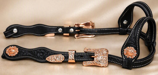 Bride western double oreille en cuir Rose Gold avecw strass Peach