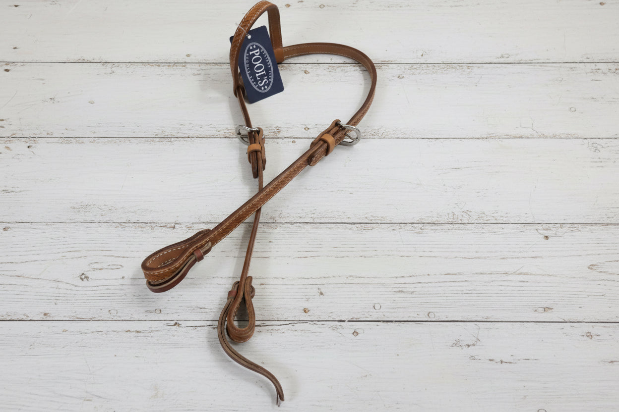 Bride western motif Basket Pools en cuir couleur cognac, passant par une oreille
