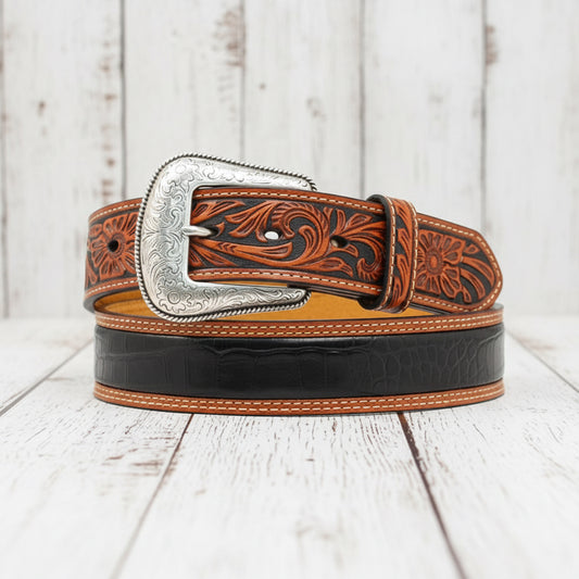 Ceinture western en cuir bicolore marron et noir avec applications florales embossées pour homme et femme