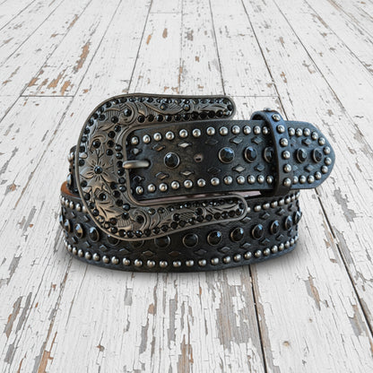 Ceinture en cuir noire avec strass noirs, style western femme
