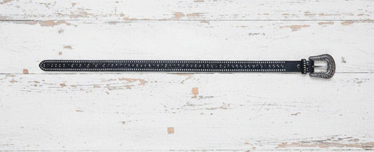 Ceinture femme en cuir noire avec strass, style western élégant
