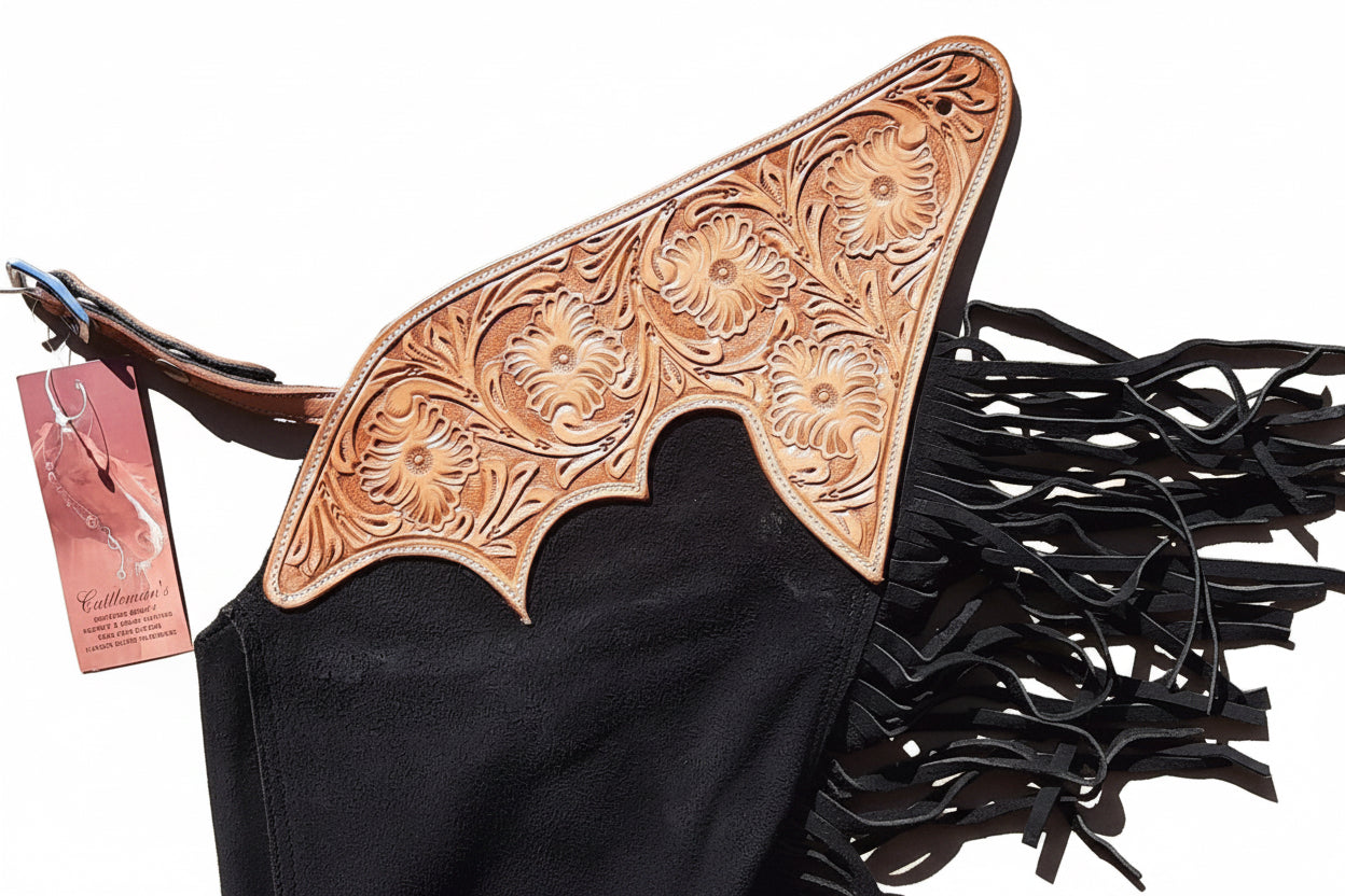 Chaps western en cuir suédé avec tooling floral pour équitation western
