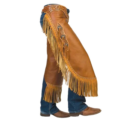 Chinks western Weaver Leather en cuir marron avec longues franges, conchos latéraux et finitions florales réalisées à la main