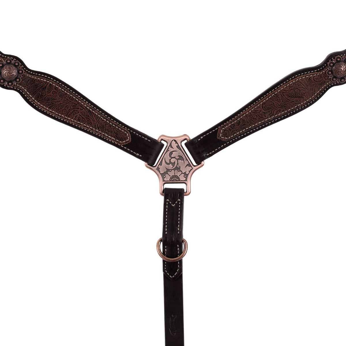 Poitrail western Weaver Equine en cuir anglais Havana, décoré d'un overlay floral marron et d'éléments floraux en finition cuivre antique, zoom sur le plastron 