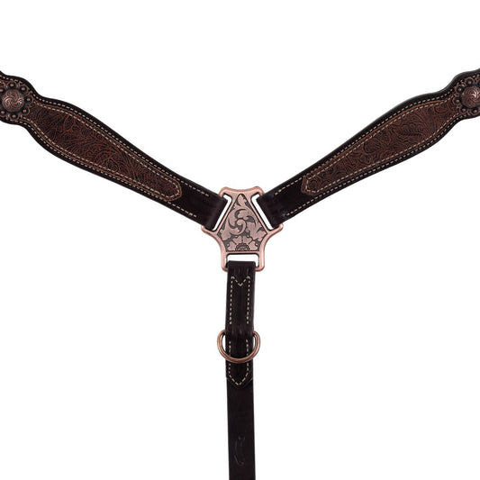 Poitrail western Weaver Equine en cuir anglais Havana, décoré d'un overlay floral marron et d'éléments floraux en finition cuivre antique, zoom sur le plastron 