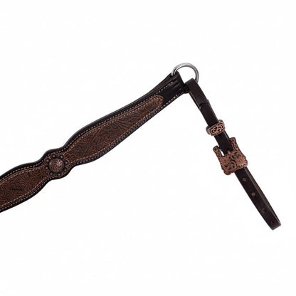 Poitrail western Weaver Equine en cuir anglais Havana, décoré d'un overlay floral marron et d'éléments floraux en finition cuivre antique, zoom sur le tooling et les conchos