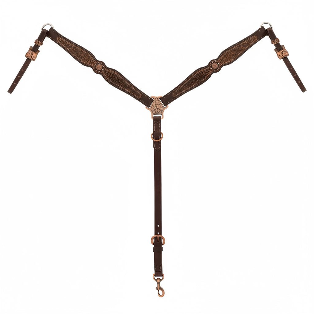 Collier de chasse western Weaver Equine en cuir anglais Havana, décoré d'un overlay floral marron et d'éléments floraux en finition cuivre antique.
