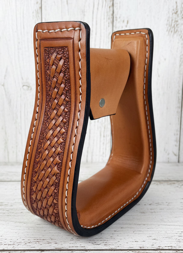 Étriers western pour cheval, design Tooling Basket en cuir et semelle confortable